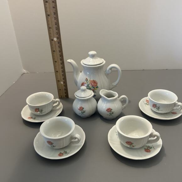 Dollhouse Miniature Tea Pot Set Kitchen Dish Rose Floral 13 Piece Lot VTG - READ - Picture 9 of 9
